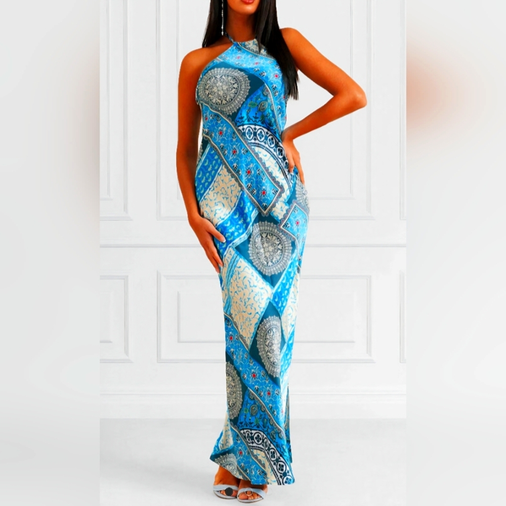 Marciano Blue and Cream Patterned Maxi Dress